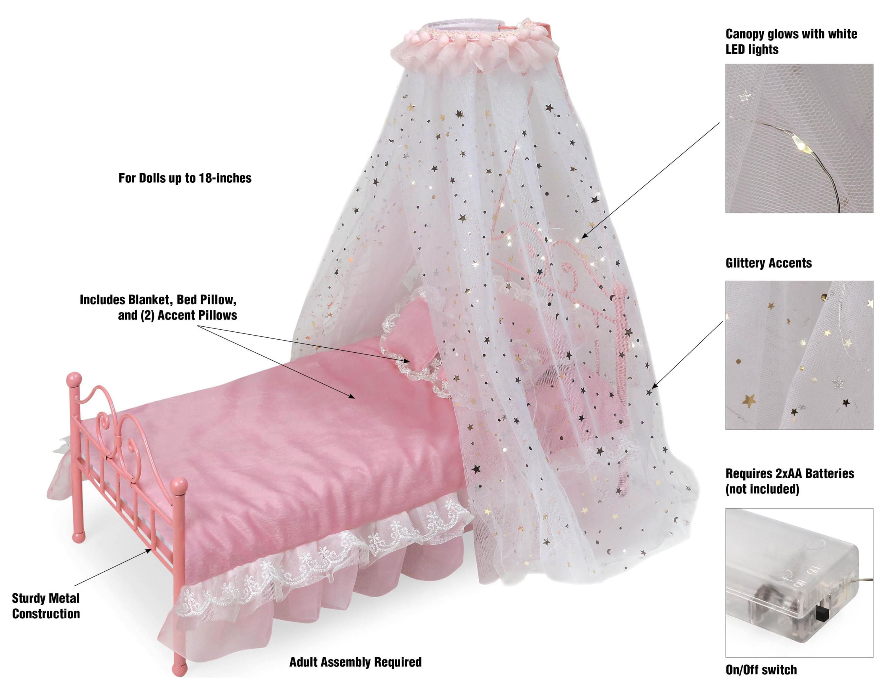 Pink Metal Doll Bed with Canopy and Bedding B73746