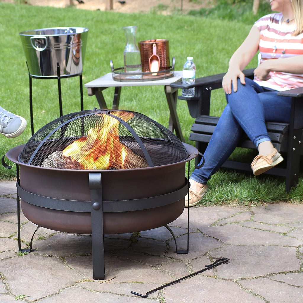 Bronze Cauldron Outdoor Fire Pit Bowl with Poker and Spark Screen - 29 Inch L86007