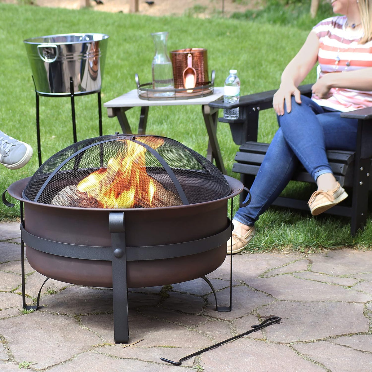 Bronze Cauldron Outdoor Fire Pit Bowl with Poker and Spark Screen - 29 Inch L86007
