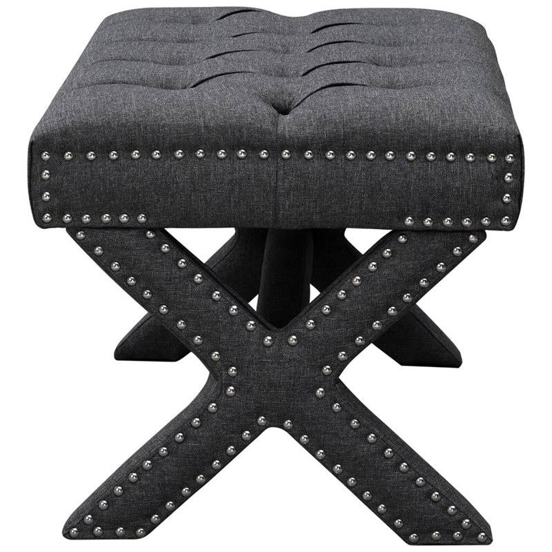 Dark Grey Linen Tufted Ottoman with Silver Nailhead Trim C23163