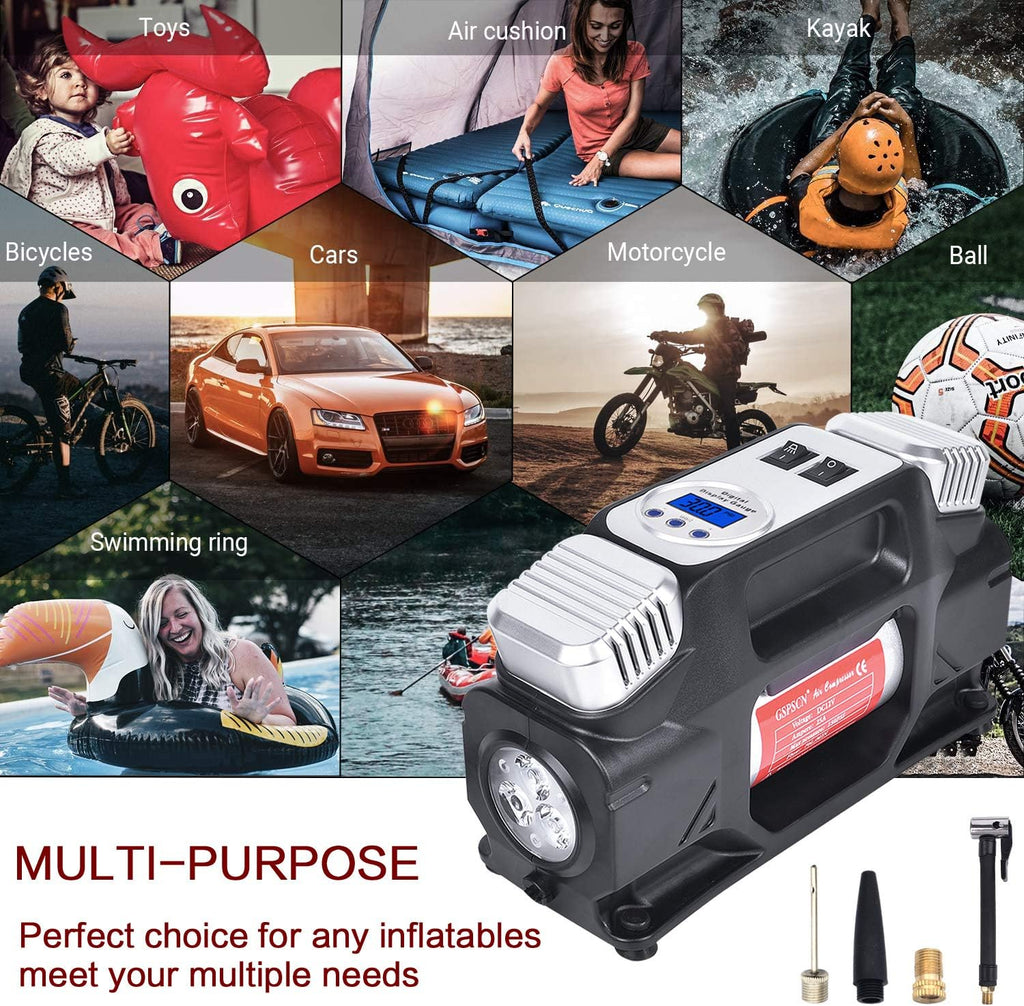 Portable Air Compressor Pump, Dual Cylinders Tire Inflator 12V, 150PSI with Digital Gauge, LED Light, Locking Air Chuck, Pack of 2 L967779
