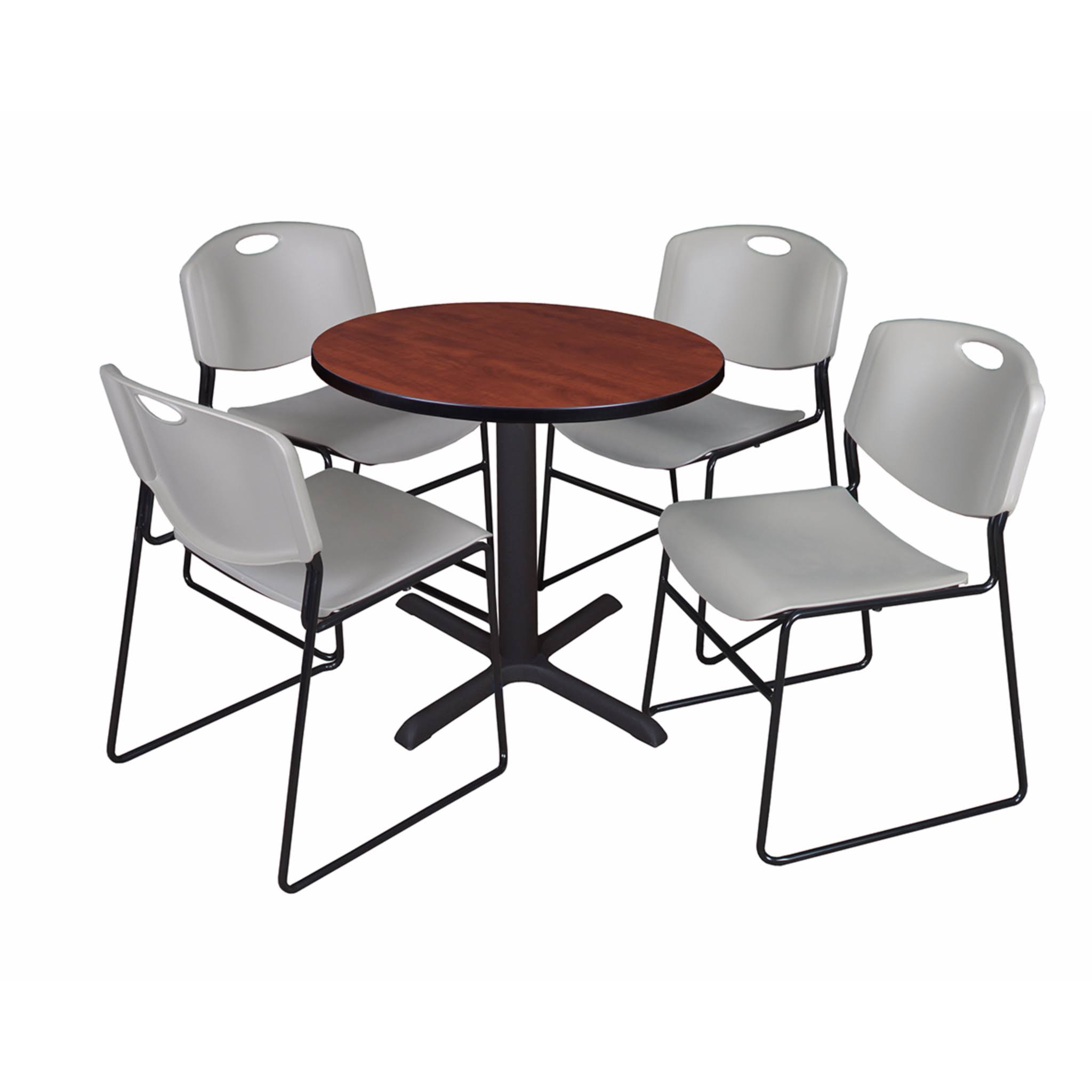 30x22 Round Breakroom Table Cherry & 4 Stack Chairs Blue T53806