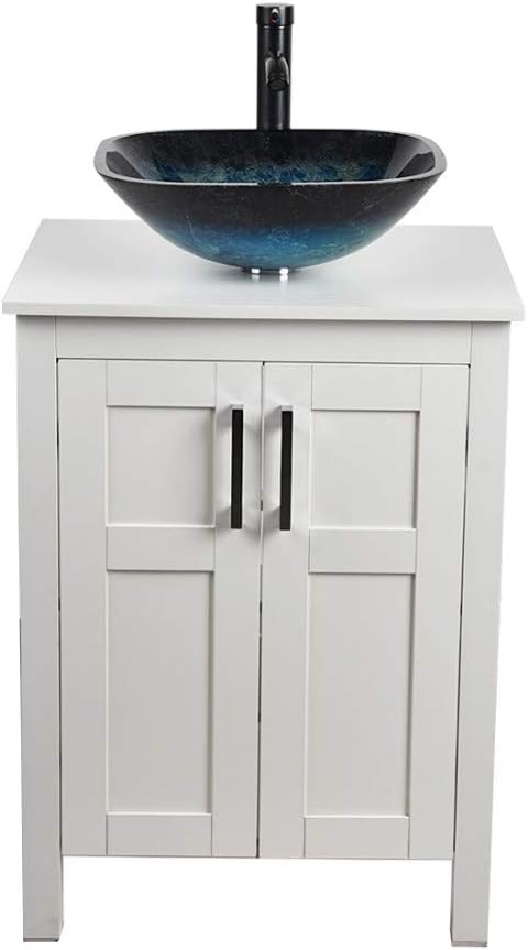 White 24 Inches Traditional Bathroom Vanity Set with Ocean Blue Glass Round Sink Top and 2-Door Cabinet P6170