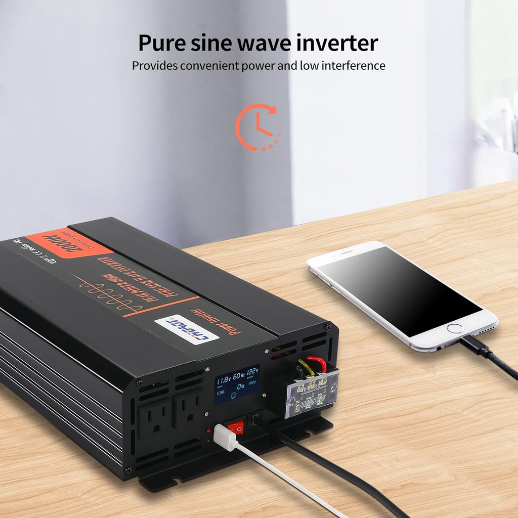 2000W Pure Sine Wave Power Inverter DC 12V to AC 120V with LCD Display Remote Control USB Port R3370