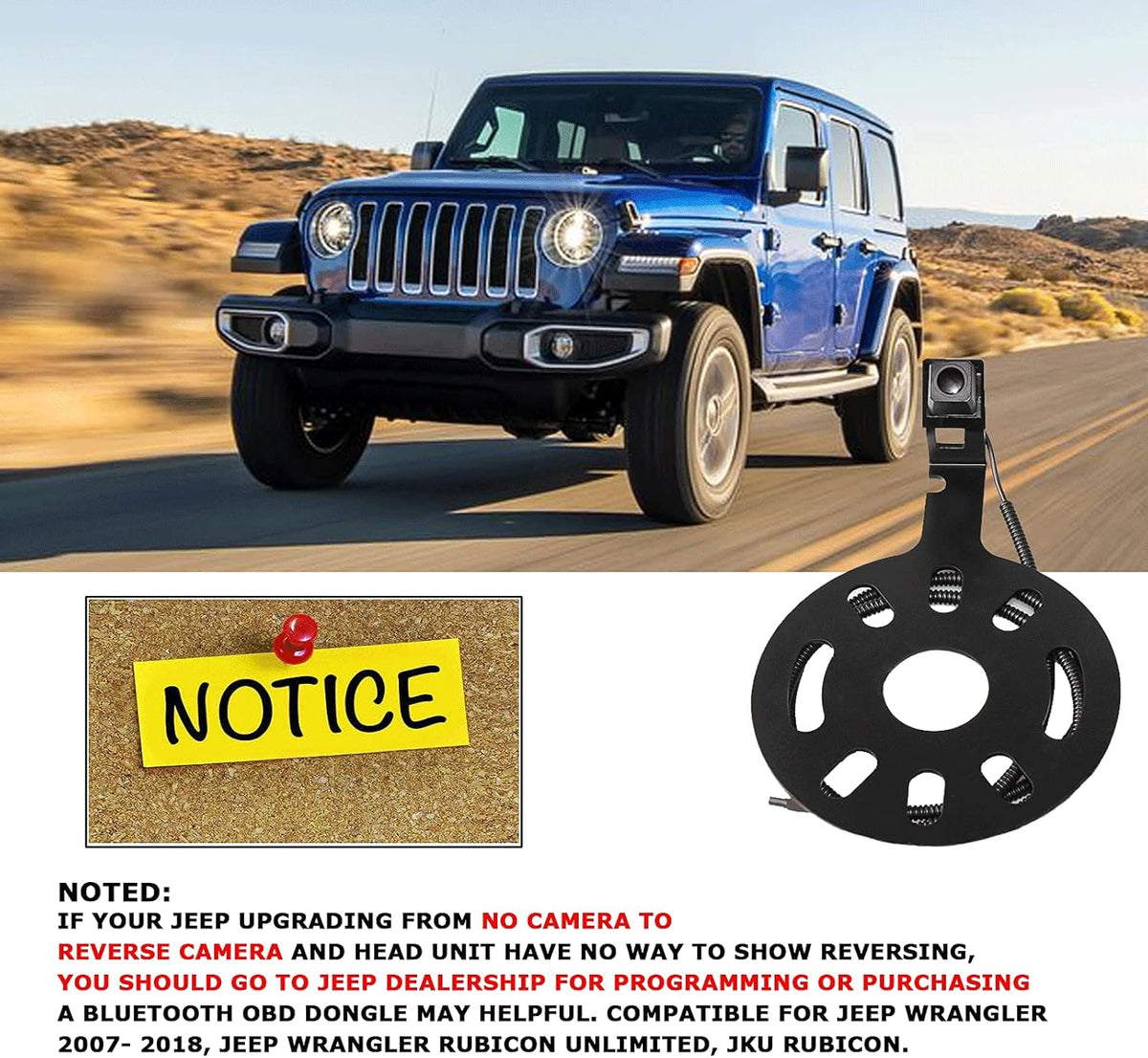 Spare Tire Rear View Backup Camera for Jeep Wrangler JK 2007-2018, Waterproof with Factory Radio RCA Adapter B248227