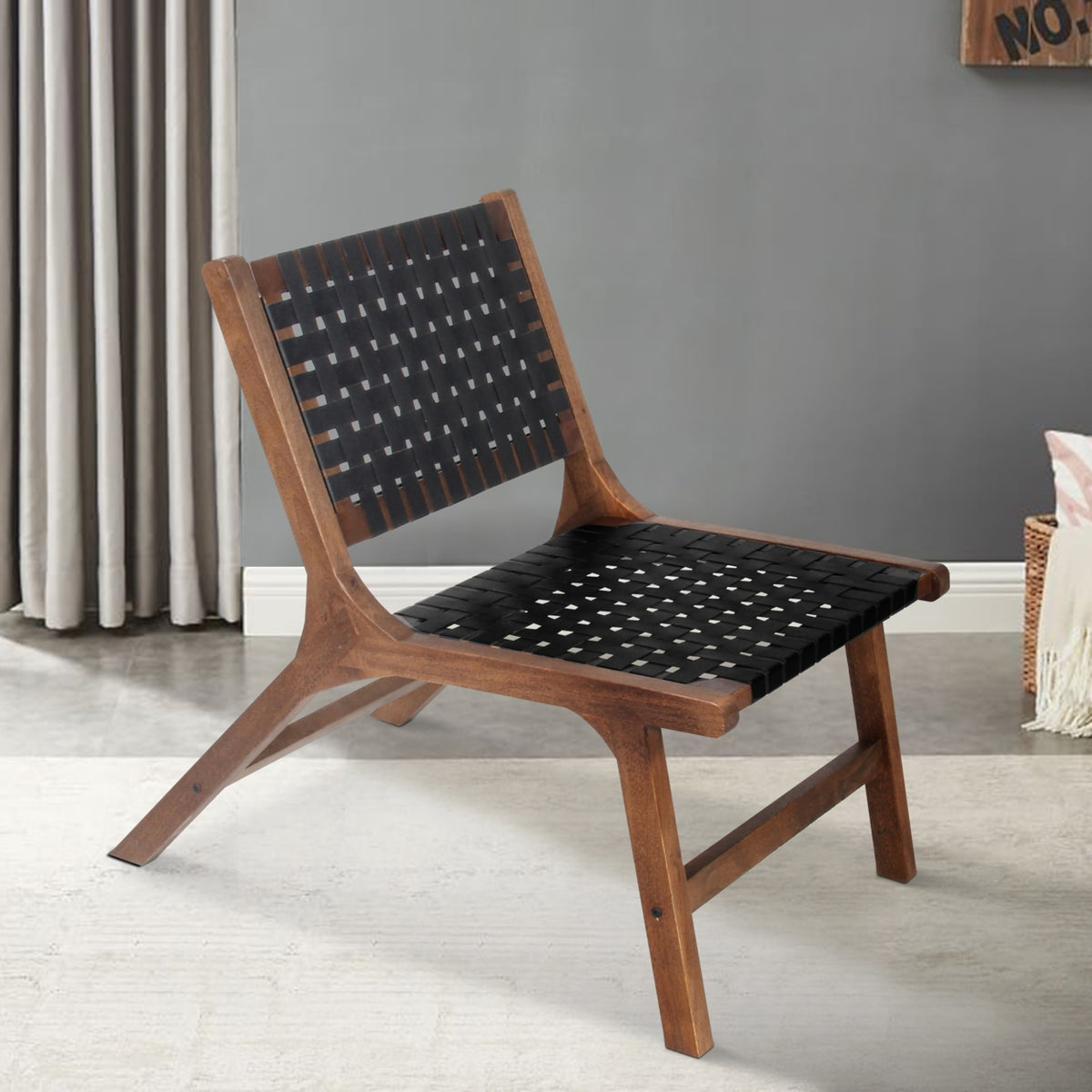 Walnut Brown Mango Wood Accent Chair with Woven Genuine Leather Seat L93738