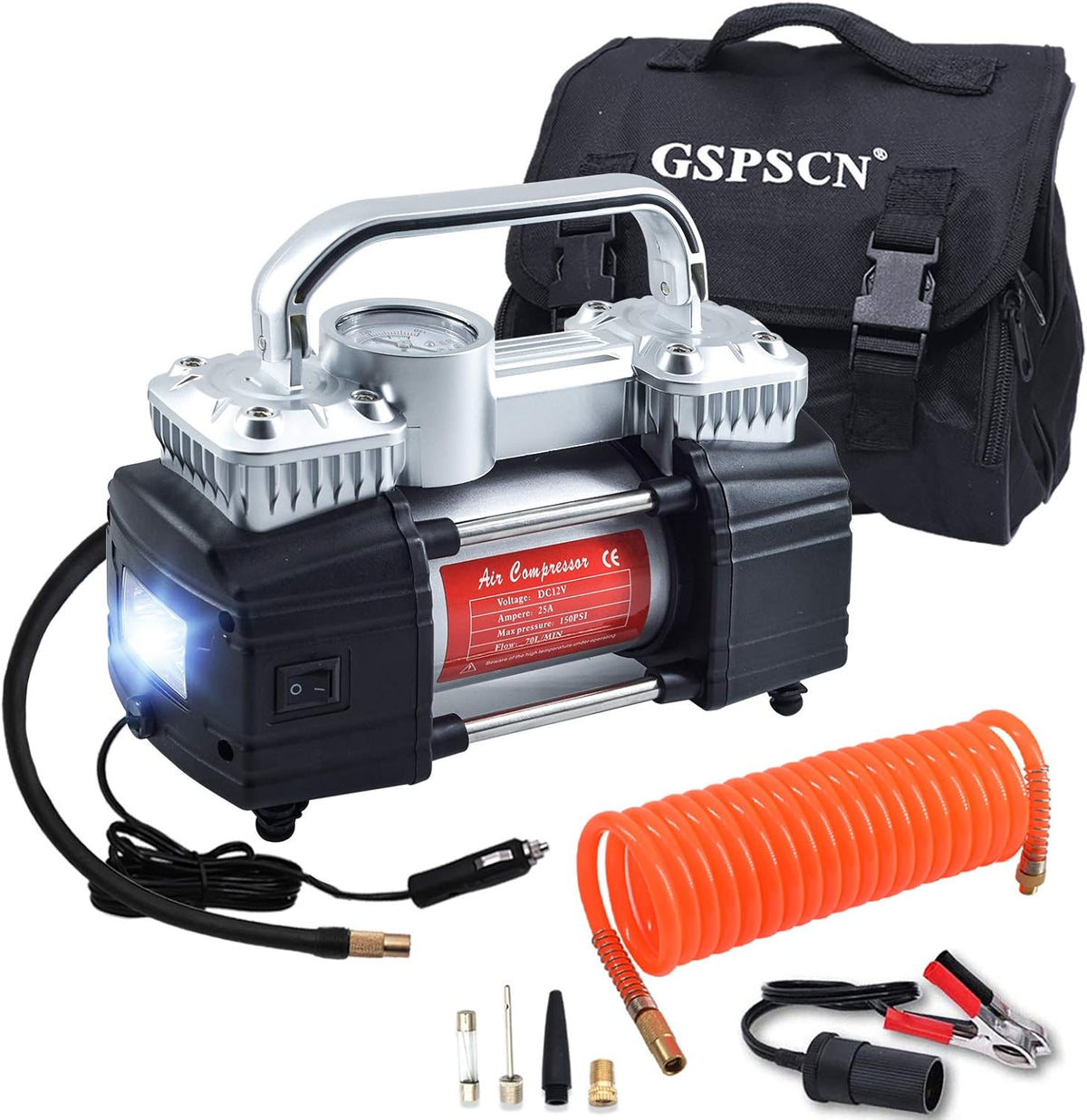 Silver Dual Cylinder 12V Portable Air Compressor Pump 150PSI with LED Work Lights Q99212