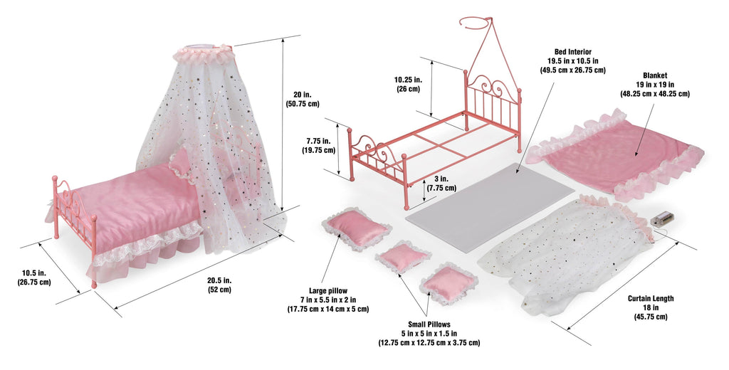 Pink Metal Doll Bed with Canopy and Bedding B73746