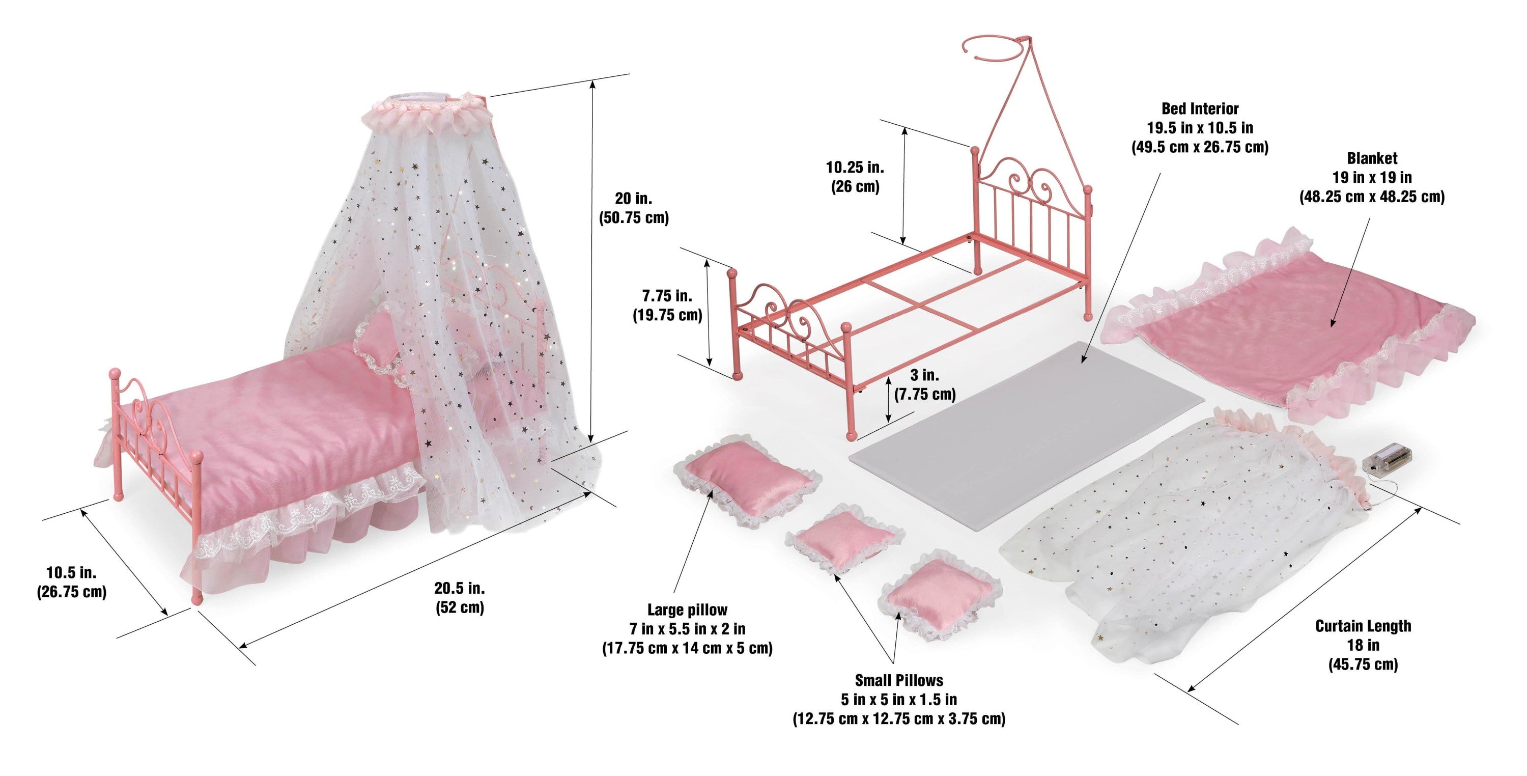 Pink Metal Doll Bed with Canopy and Bedding B73746