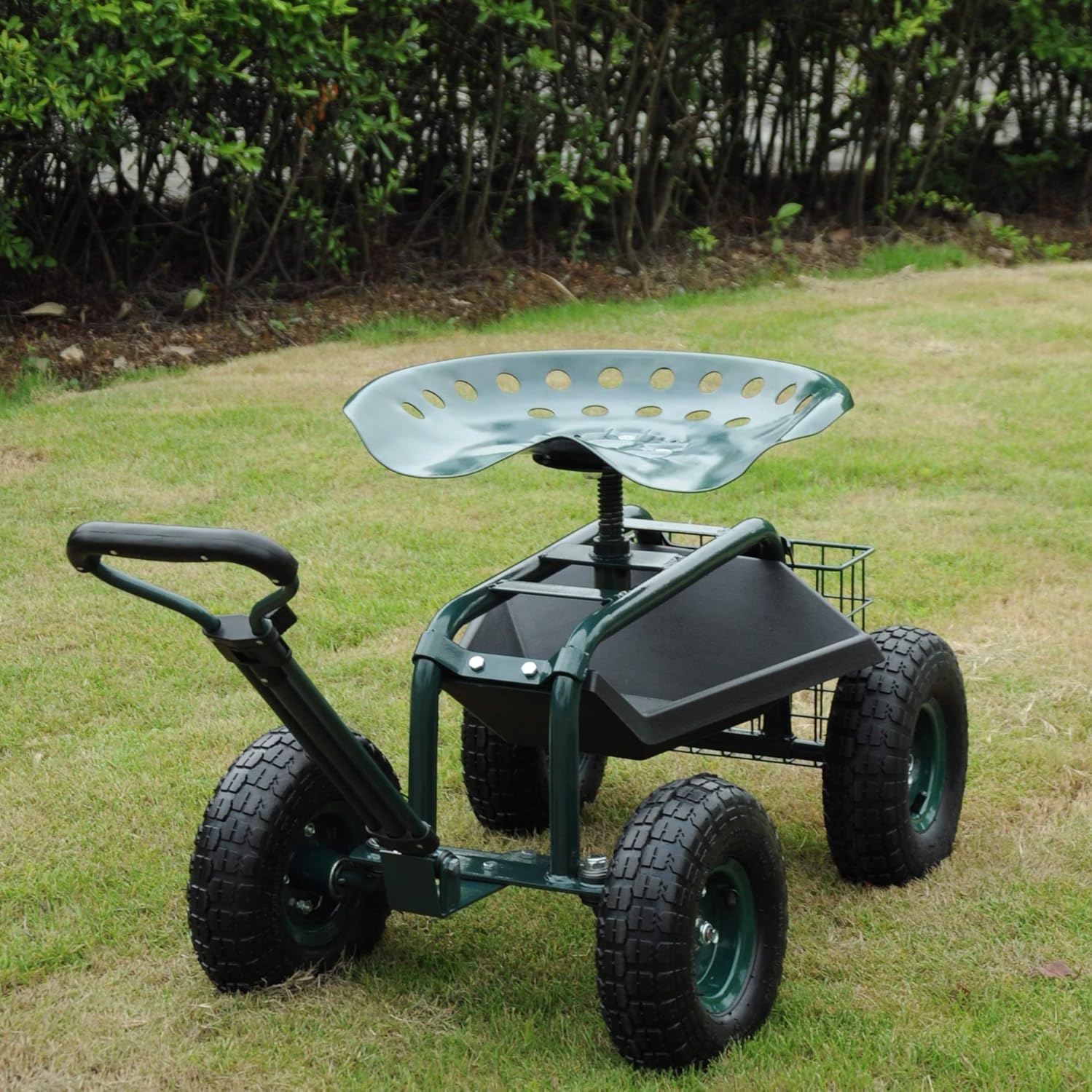 Green Steerable Garden Stool Cart with Tool Tray and Storage Basket on Wheels Y2011