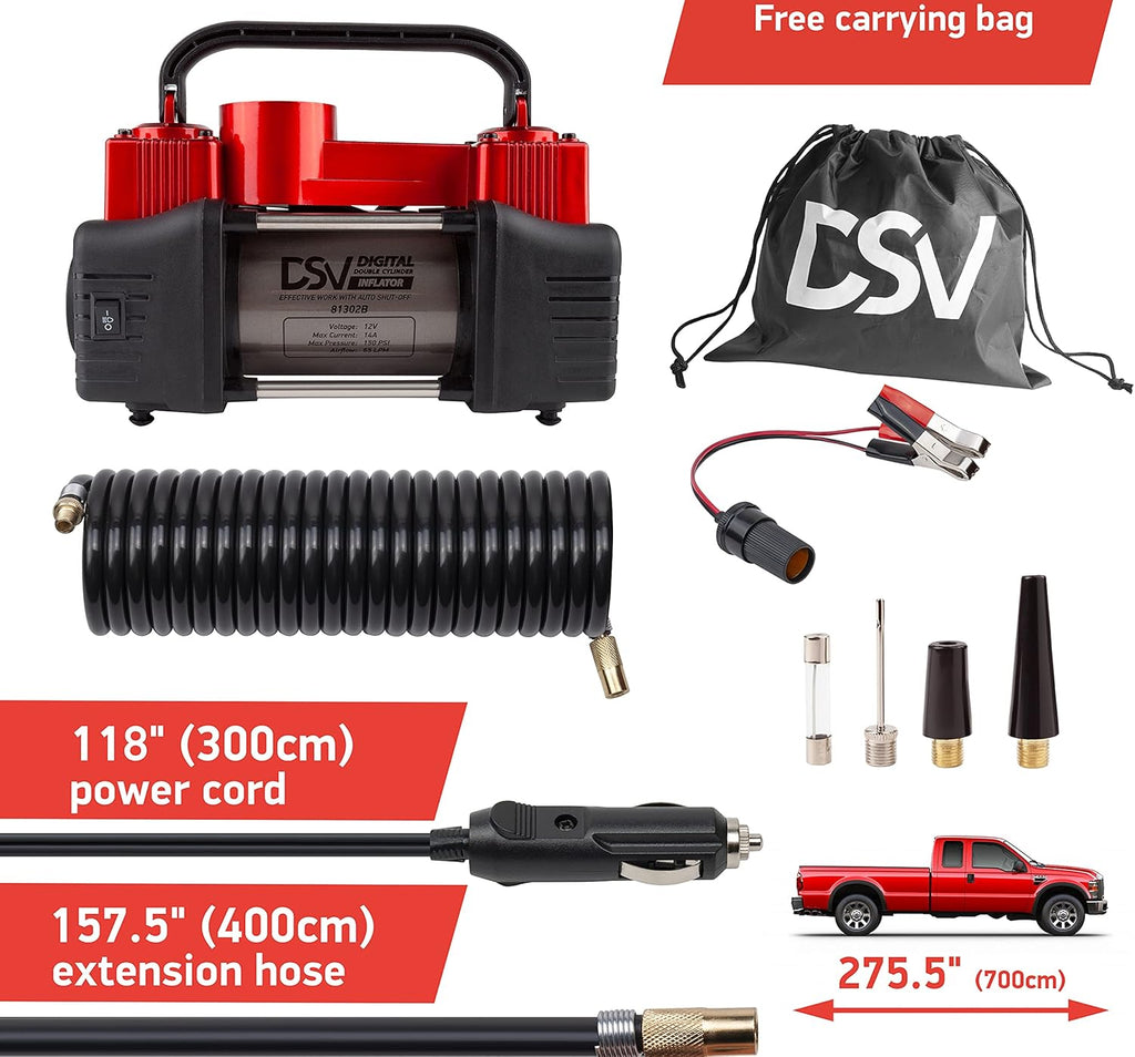 Portable Heavy Duty Double Cylinder Car Air Compressor Digital Tire Inflator, 12V 150PSI Air Pump with Auto Shut Off, LED Light, Extension Hose J260