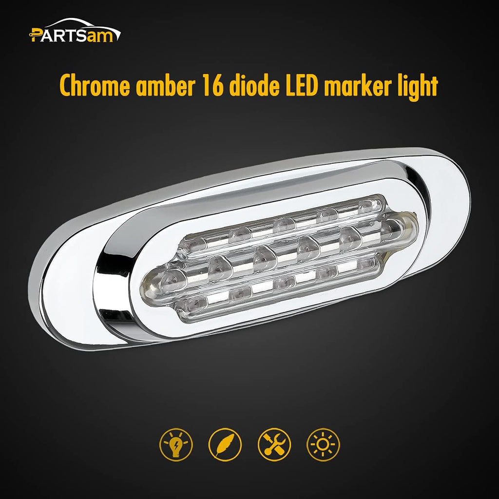 14Pcs 6-1/2 Clear/Amber 16-LED Trailer Side Marker and Turn Signal Lights Chrome Flush Mount Sealed Replacement Pack of 2 Y430336