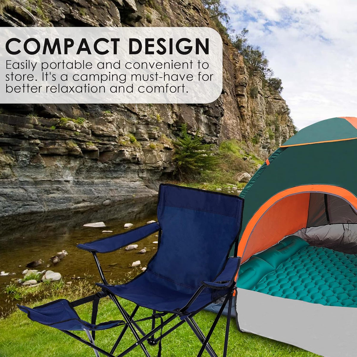 Portable Camping Chair with Footrest Mesh Folding Reclining Chair Steel Frame Padded Arm Chair Q93713