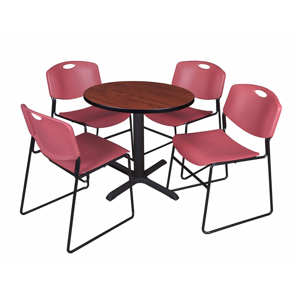 30x22 Round Breakroom Table Cherry & 4 Stack Chairs Blue T53806