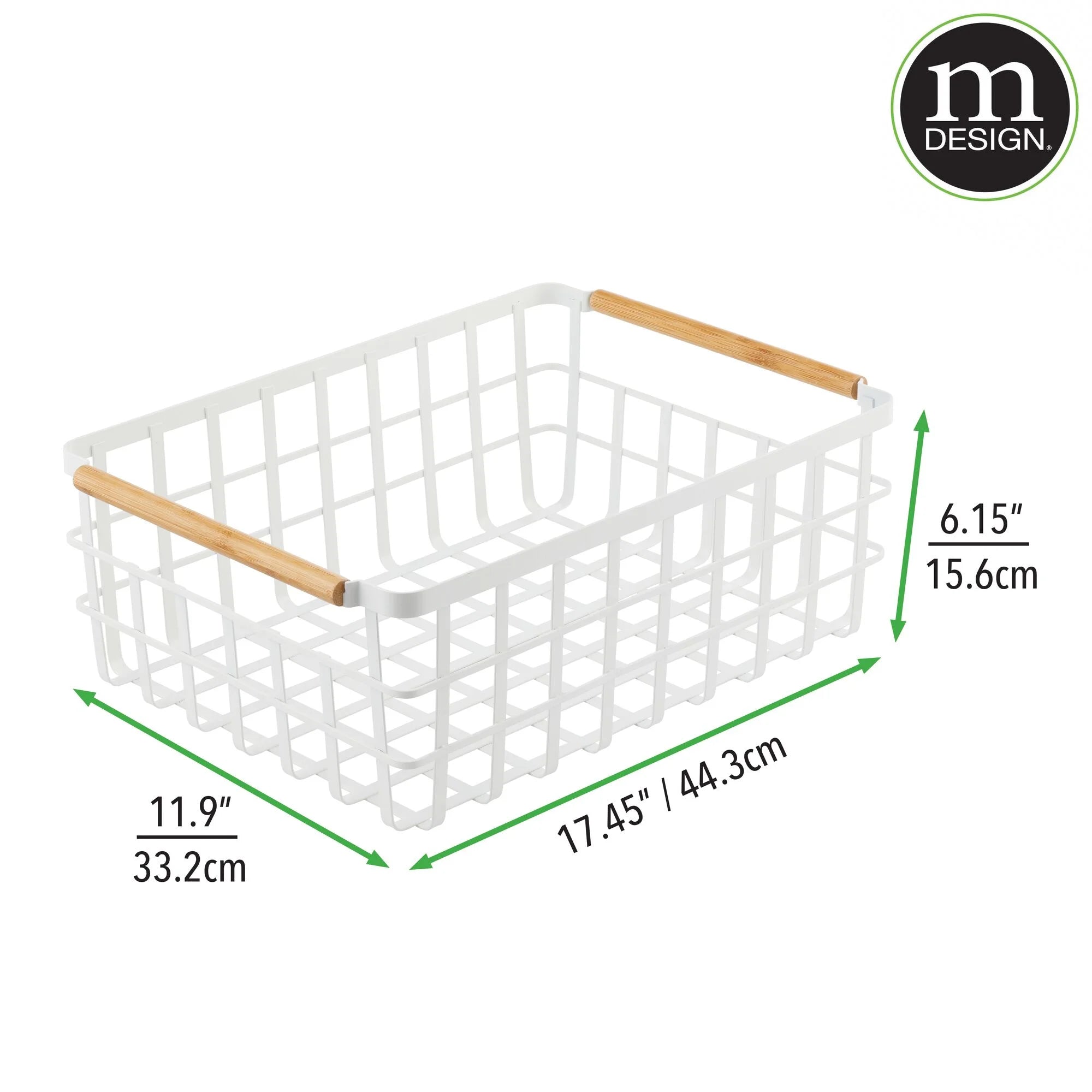 Matte White/Natural Metal Wire Organizer Basket with Bamboo Handles, 2 Pack G732
