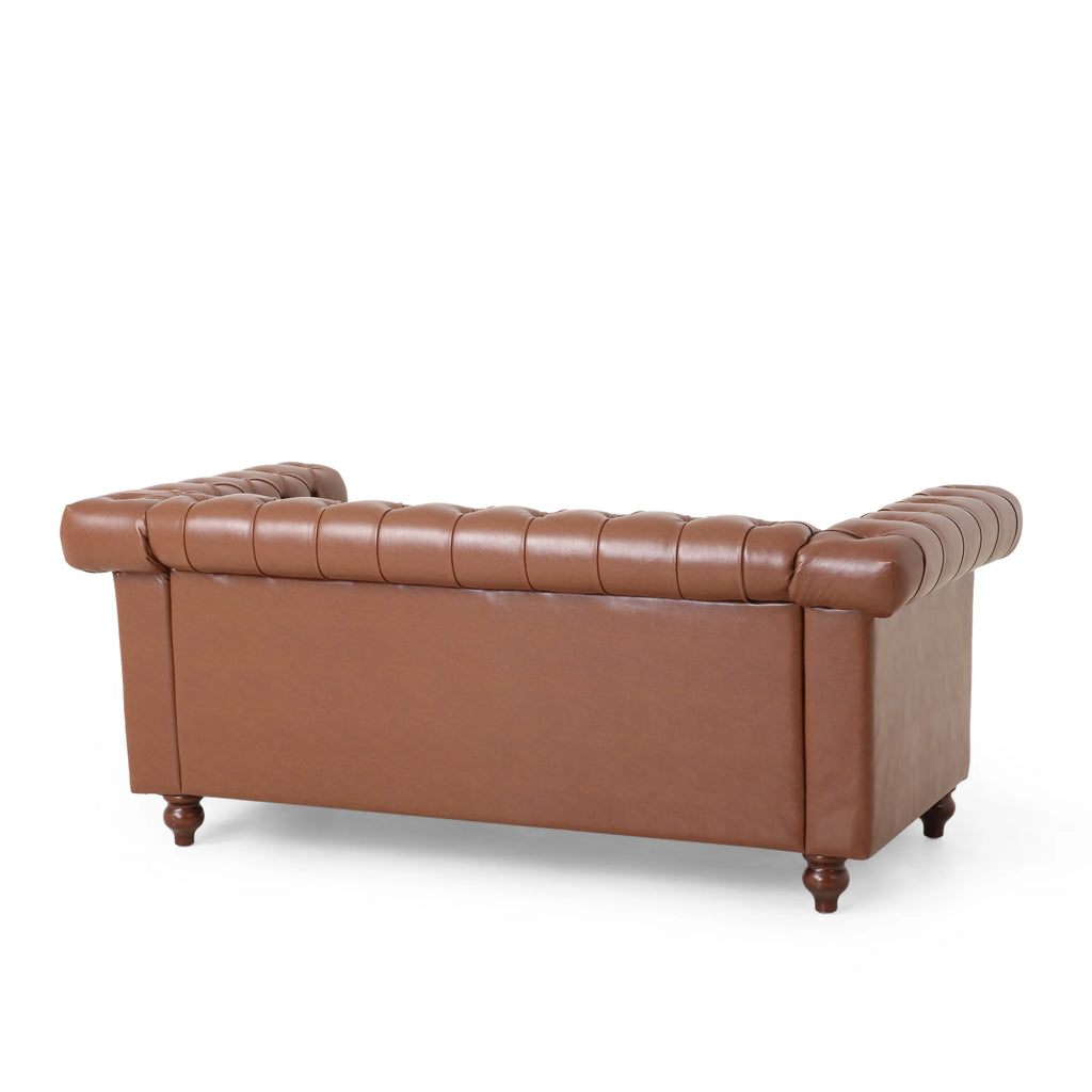Cognac Brown Upholstered Button Tufted Loveseat with Nailhead Trim S8986