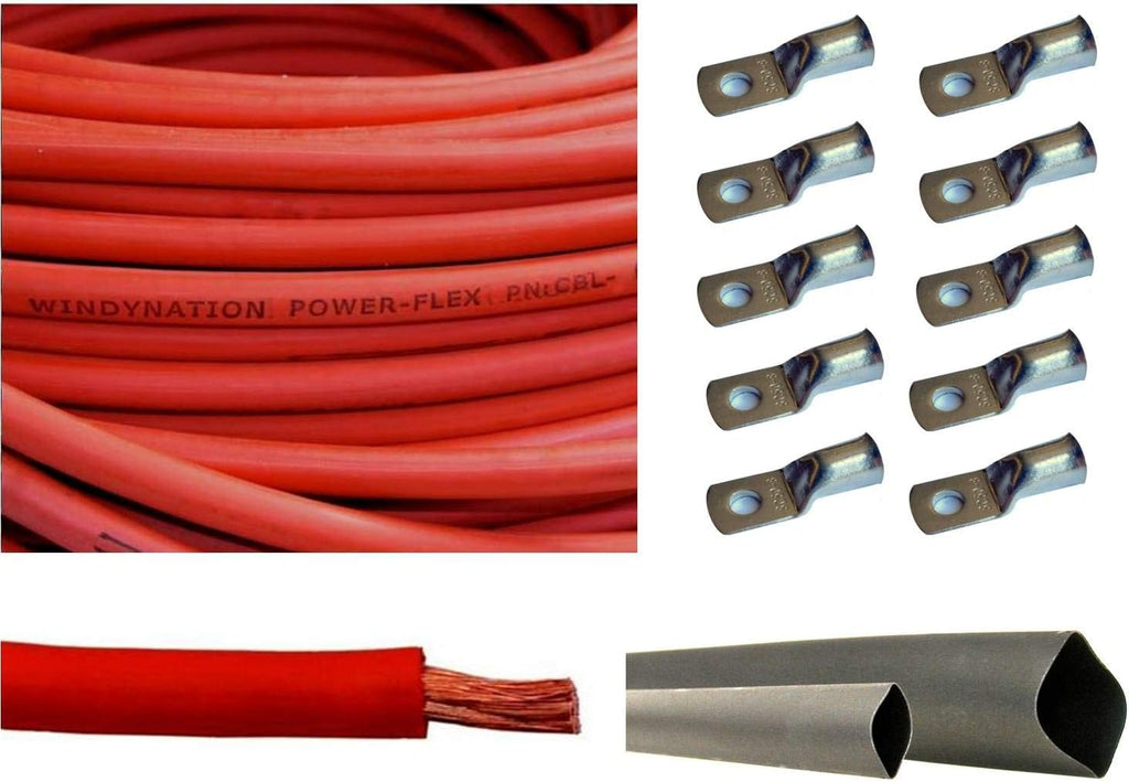 4 AWG 20 Feet Red Pure Copper Flexible Cable with Copper Cable Lug Terminal Connectors and Heat Shrink Tubing T212