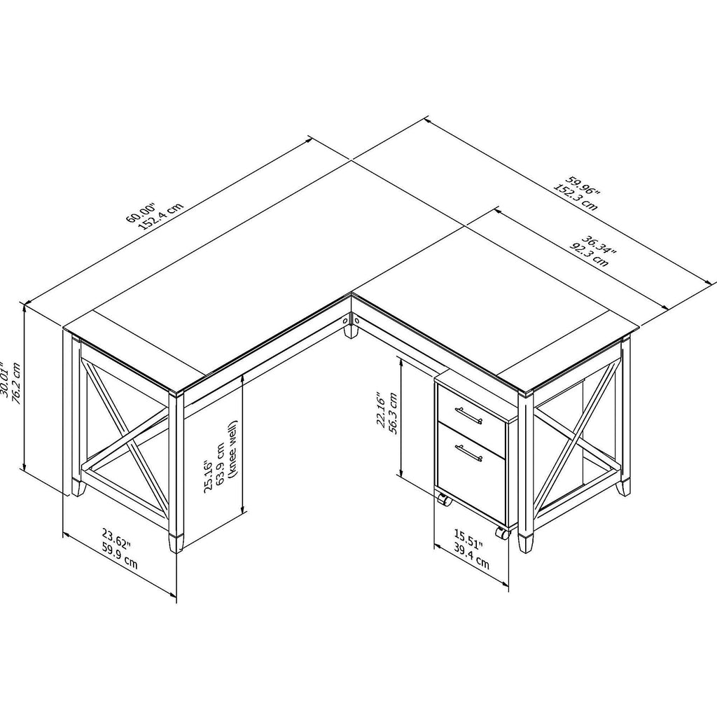 60W L Shaped Desk with 2 Drawer Mobile File Cabinet, Pure White Oak E9565