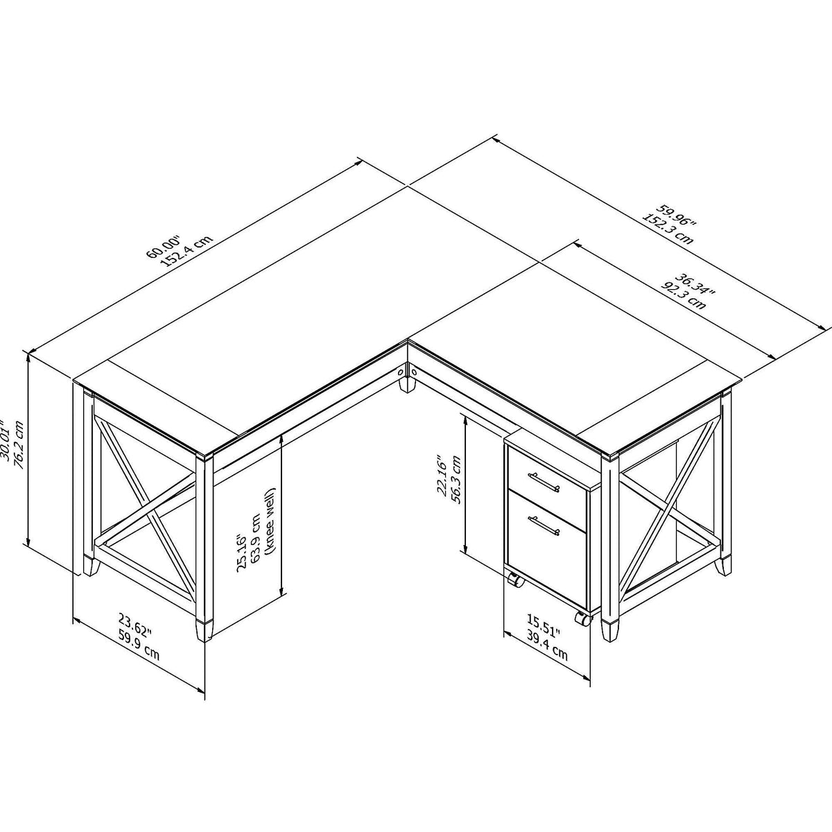 60W L Shaped Desk with 2 Drawer Mobile File Cabinet, Pure White Oak E9565