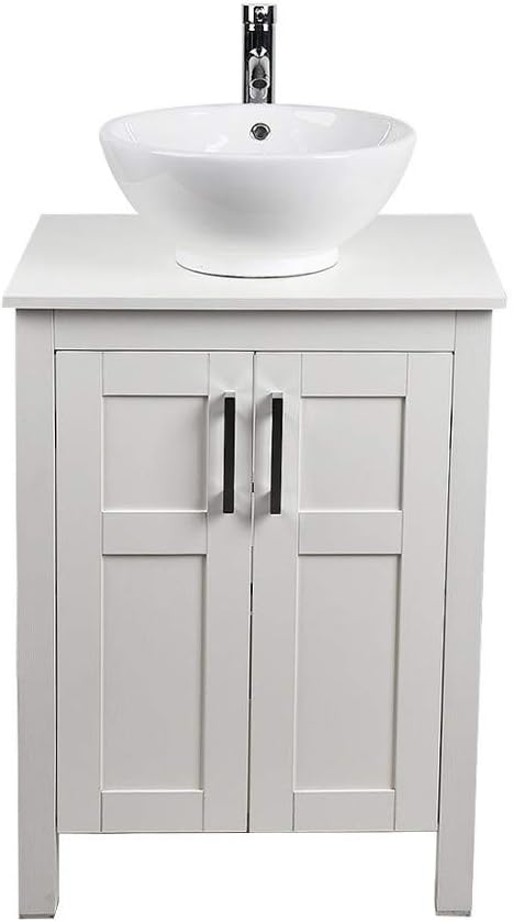White 24 Inches Traditional Bathroom Vanity Set with Ocean Blue Glass Round Sink Top and 2-Door Cabinet P6170