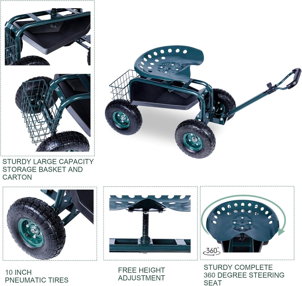 Green Steerable Garden Stool Cart with Tool Tray and Storage Basket on Wheels Y2011