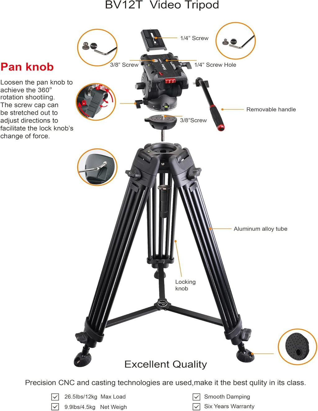 72 inch Aluminum Video Tripod with Fluid Head J4218