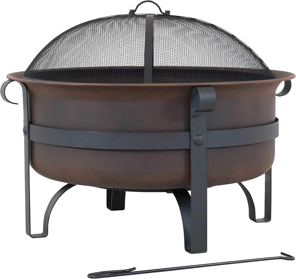 Bronze Cauldron Outdoor Fire Pit Bowl with Poker and Spark Screen - 29 Inch L86007