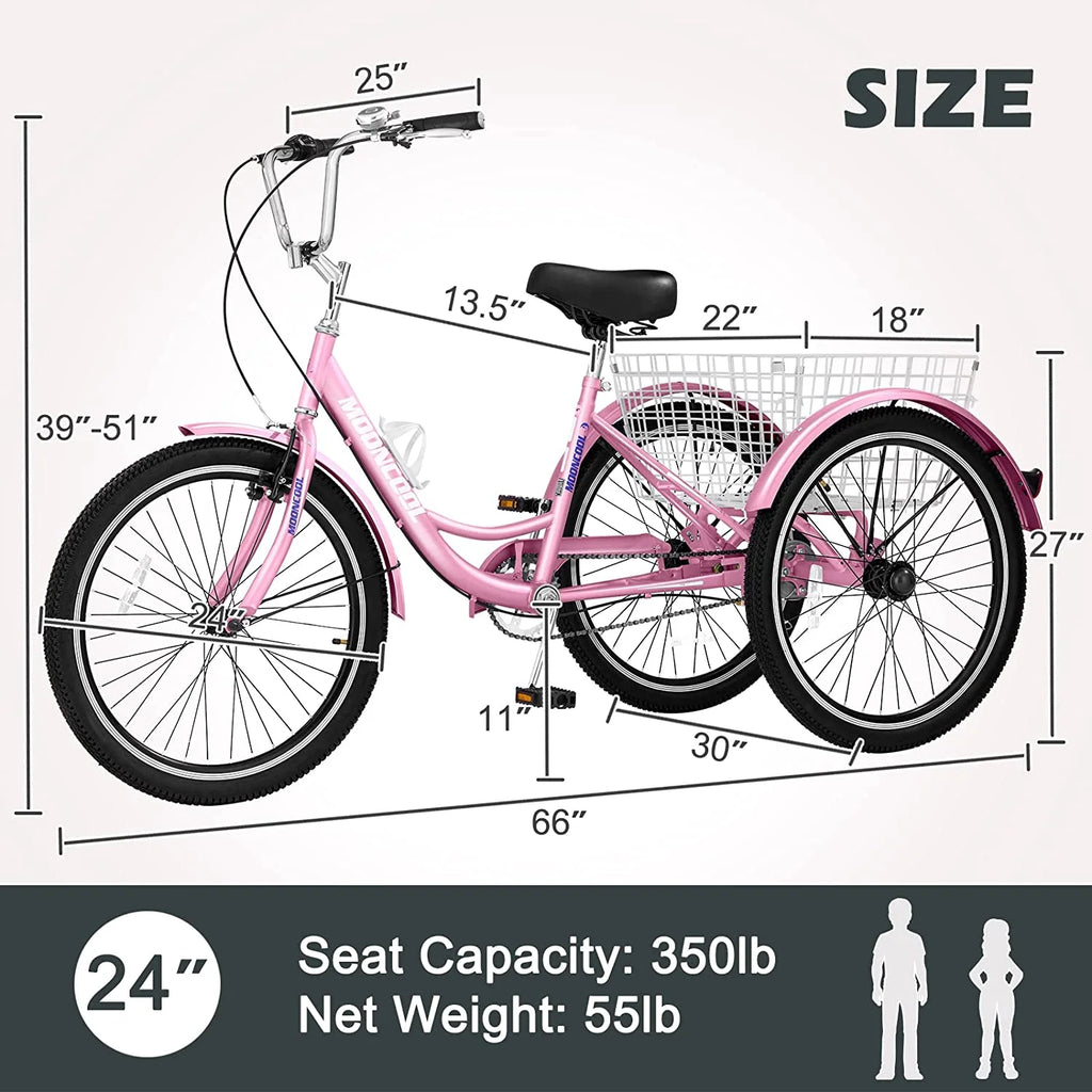 Adult Tricycle 24 inch 7 Speed 3 Wheel Bike with Large Size Basket Q772332