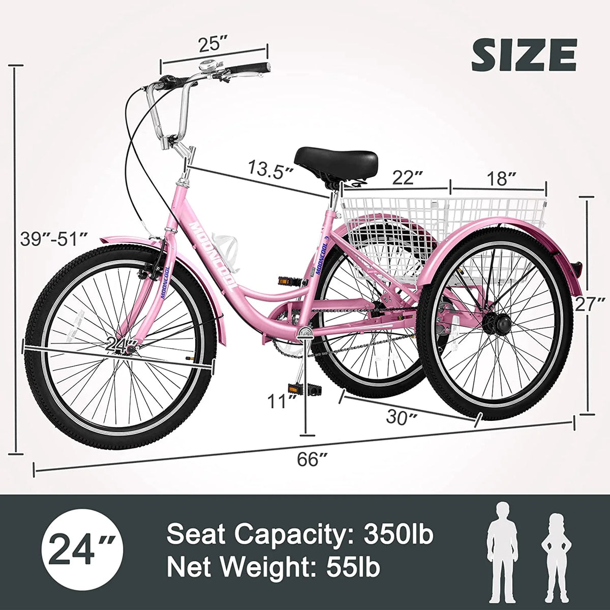 Adult Tricycle 24 inch 7 Speed 3 Wheel Bike with Large Size Basket Q772332