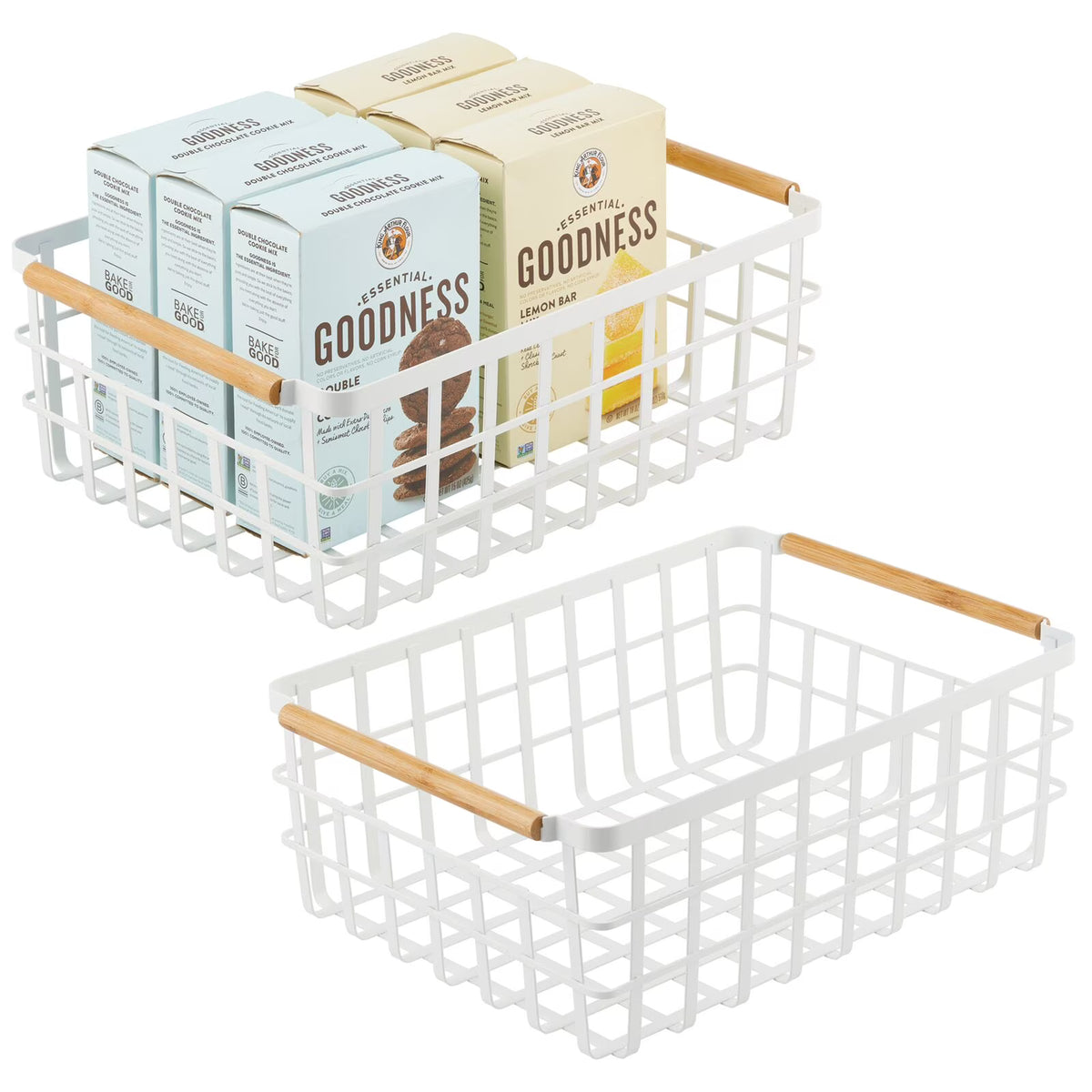 Matte White/Natural Metal Wire Organizer Basket with Bamboo Handles, 2 Pack G732