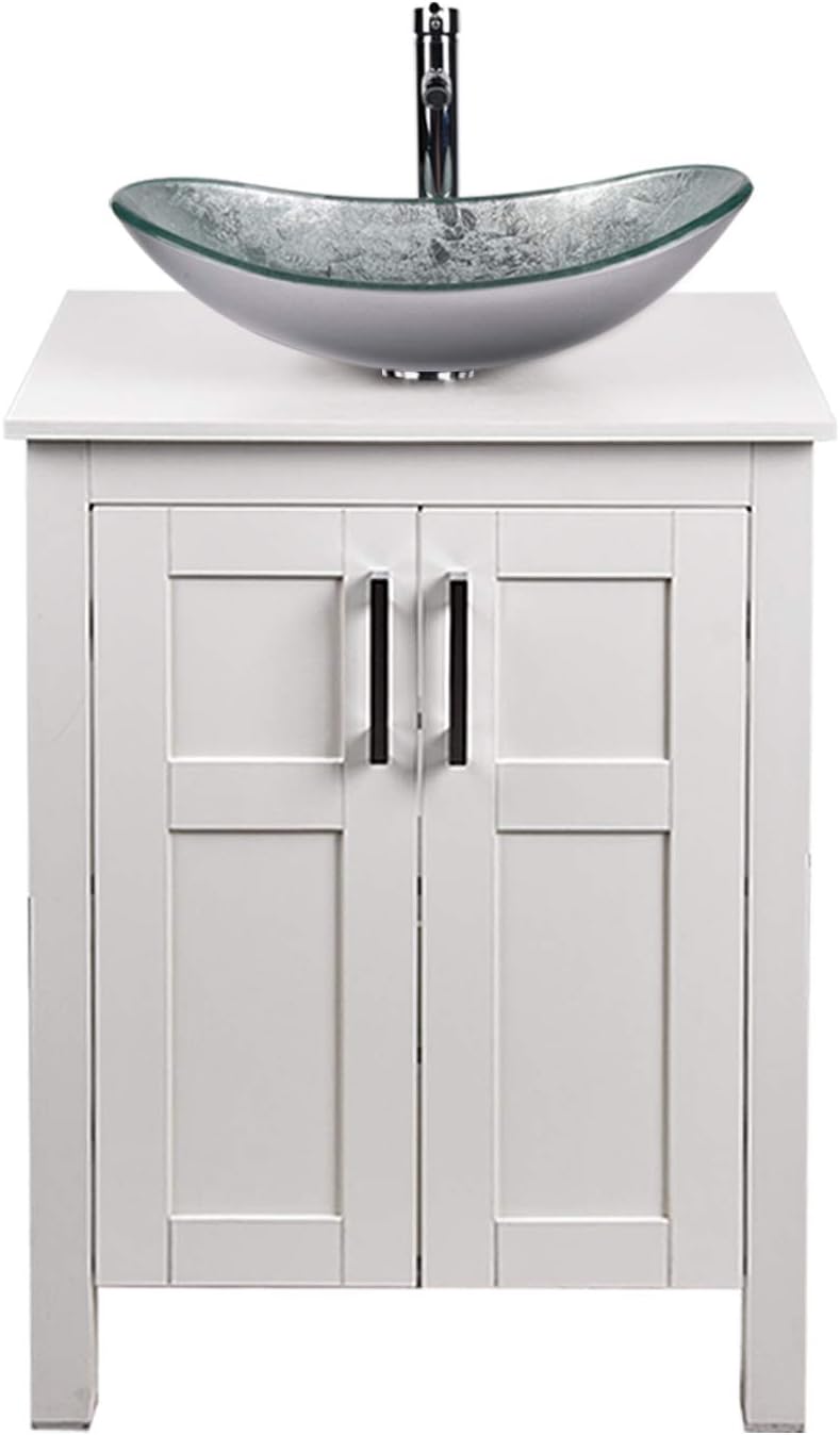 White 24 Inches Traditional Bathroom Vanity Set with Ocean Blue Glass Round Sink Top and 2-Door Cabinet P6170