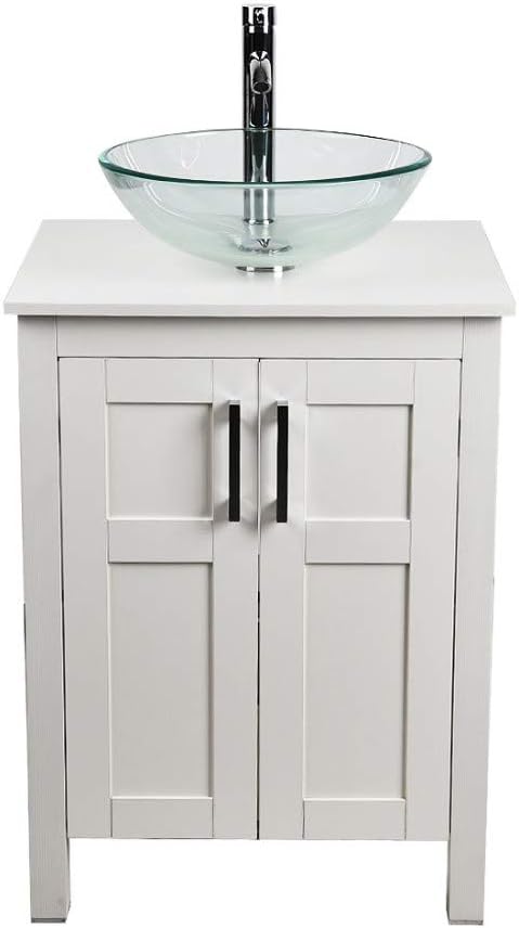 White 24 Inches Traditional Bathroom Vanity Set with Ocean Blue Glass Round Sink Top and 2-Door Cabinet P6170
