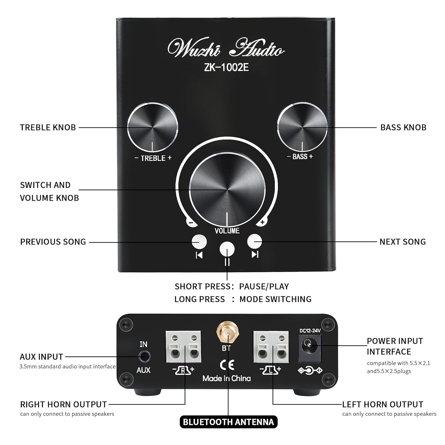 Bluetooth Stereo Audio Amplifier with Treble and Bass Adjustment K229
