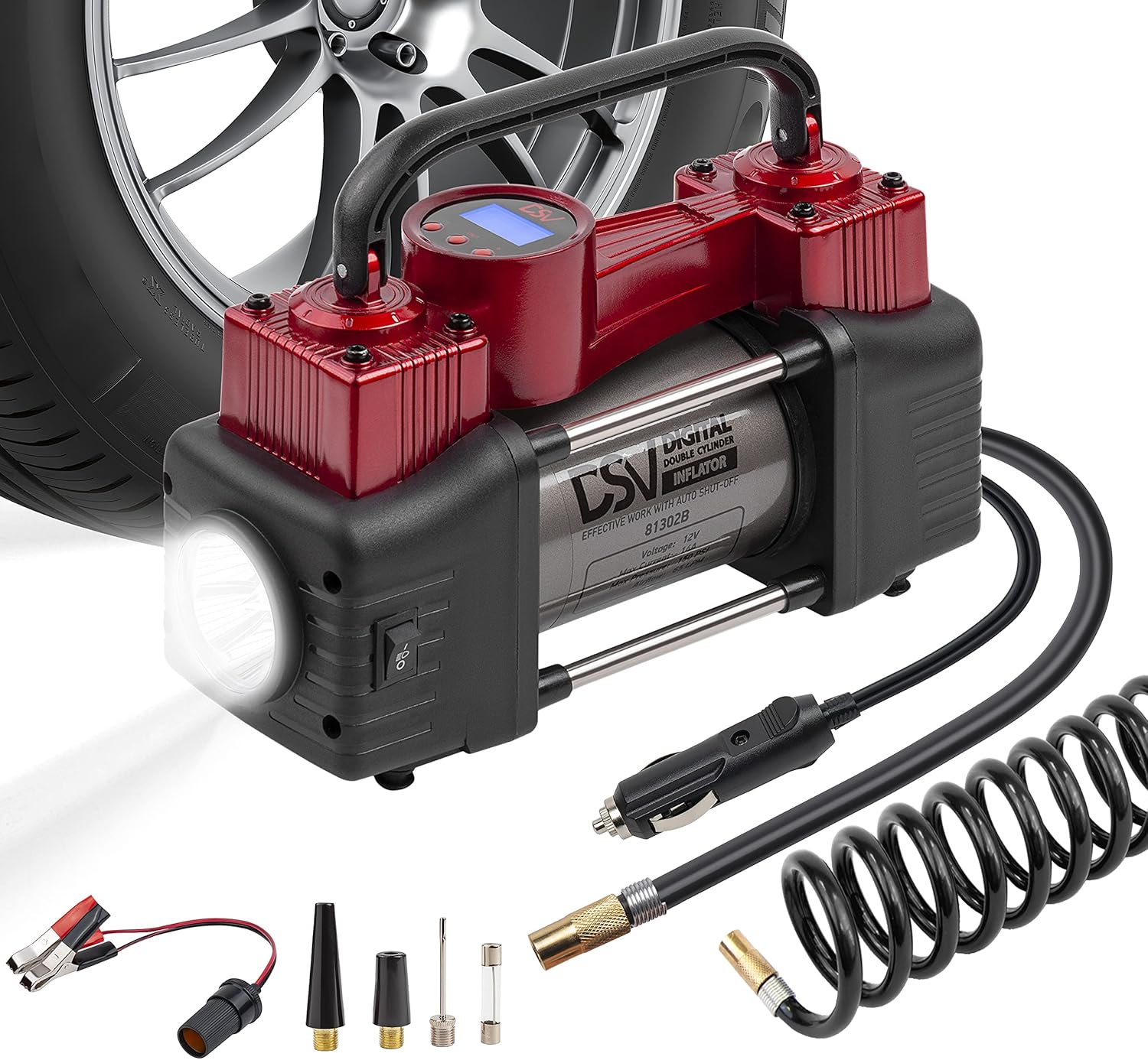 Portable Heavy Duty Double Cylinder Car Air Compressor Digital Tire Inflator, 12V 150PSI Air Pump with Auto Shut Off, LED Light, Extension Hose J260
