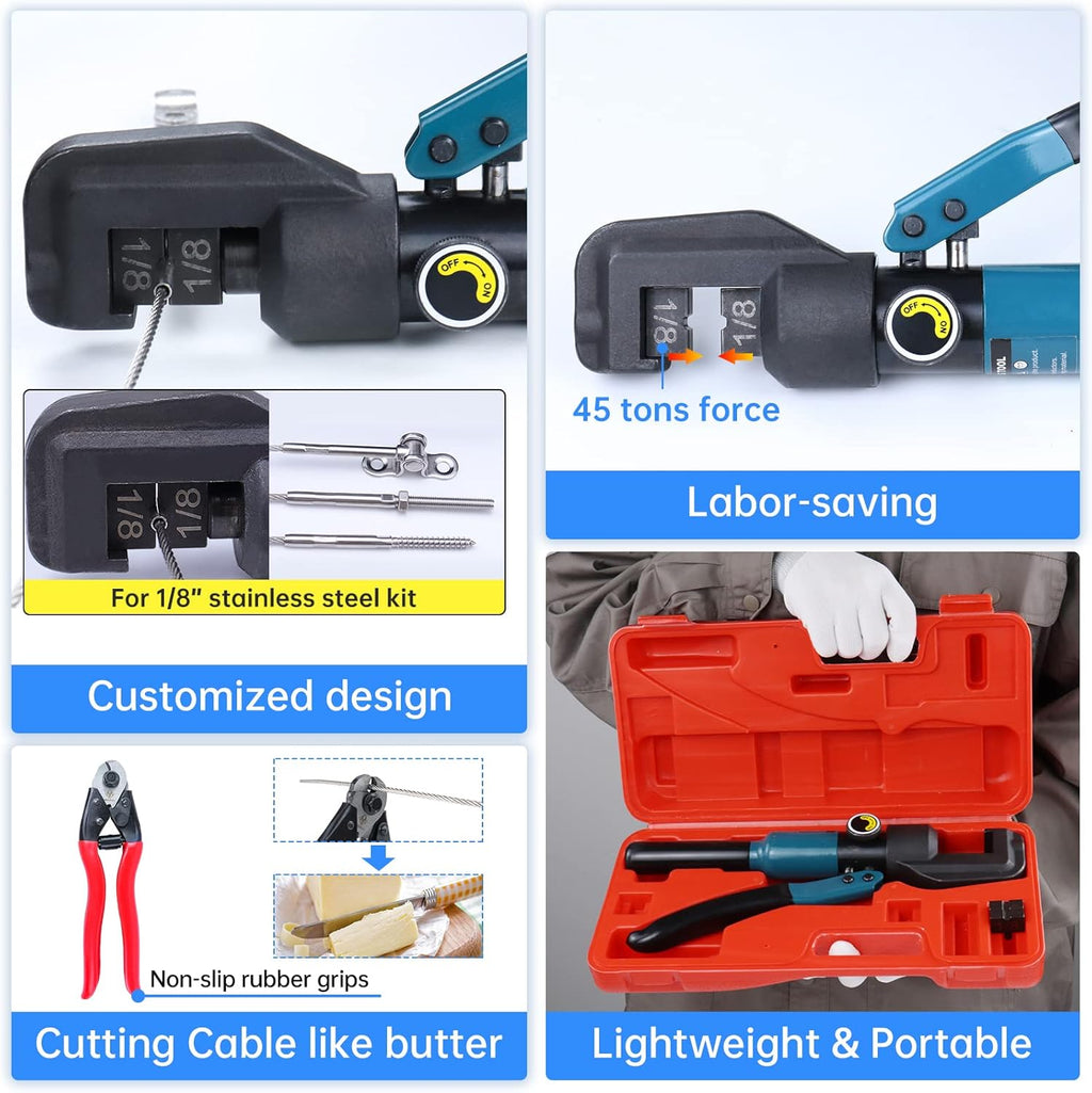Hydraulic Hand Crimper Tool for Stainless Steel Cable Railing Hardware Wire Rope Swaging with Wire Cable Cutter G356