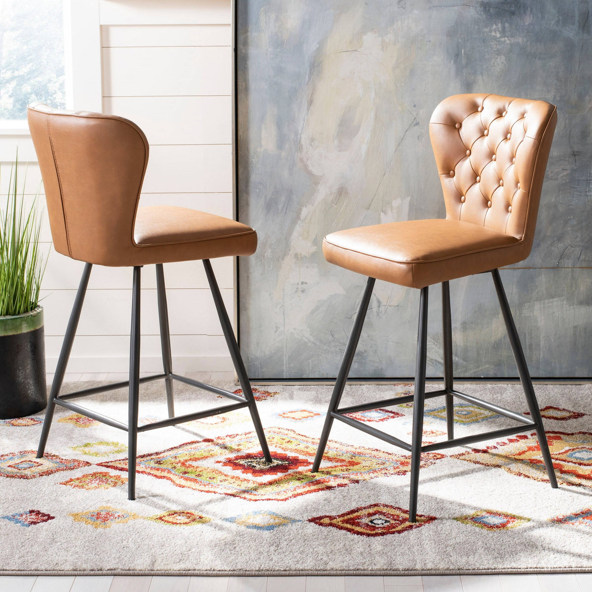 Camel Leather Tufted Swivel Counter Stool Set of 2 Z8254