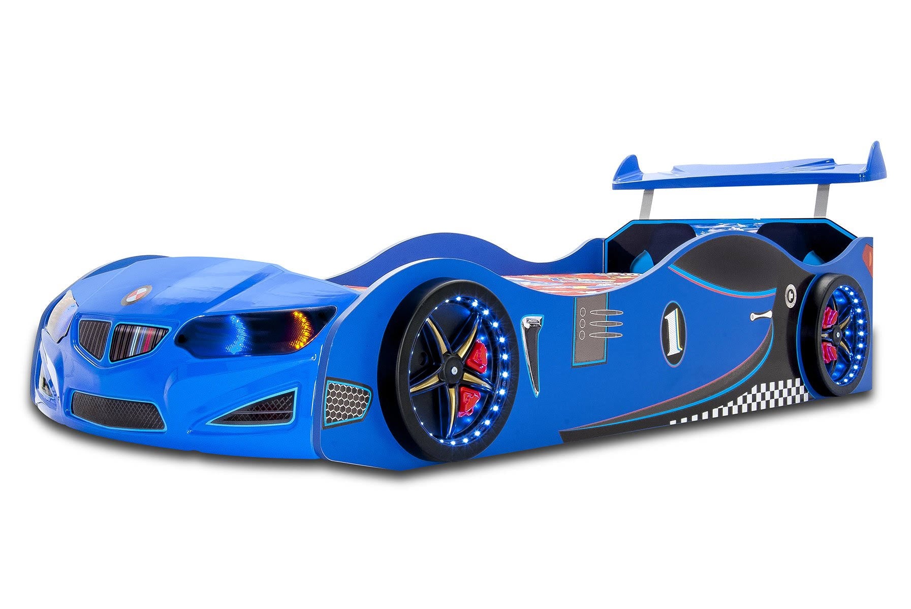Blue Twin Size Kids Race Car Bed with LED Headlights Remote Control H610905