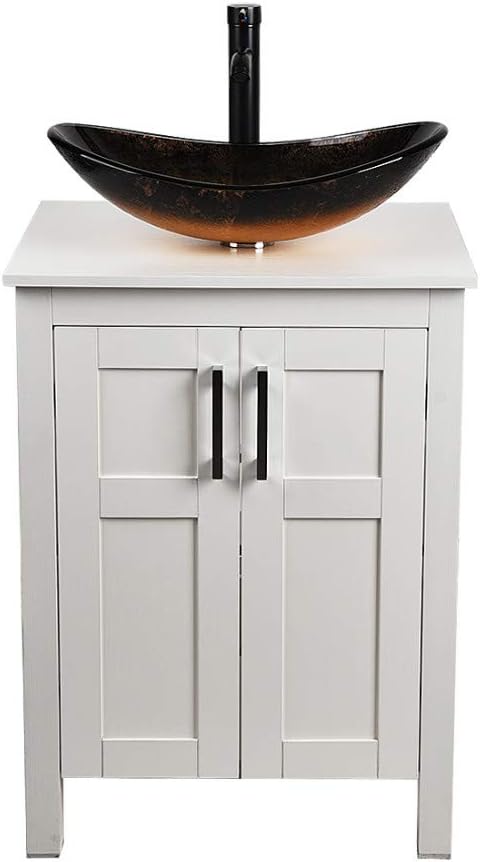 White 24 Inches Traditional Bathroom Vanity Set with Ocean Blue Glass Round Sink Top and 2-Door Cabinet P6170