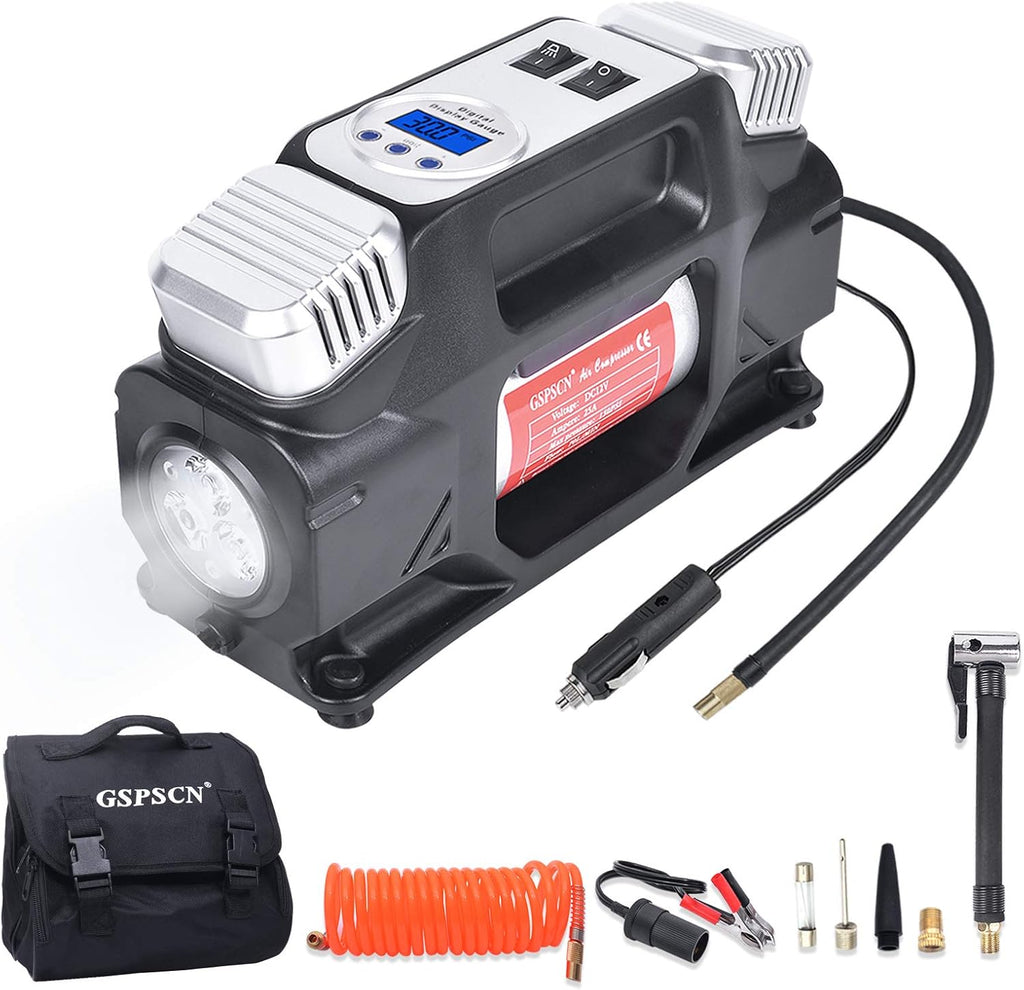 Portable Air Compressor Pump, Dual Cylinders Tire Inflator 12V, 150PSI with Digital Gauge, LED Light, Locking Air Chuck, Pack of 2 L967779