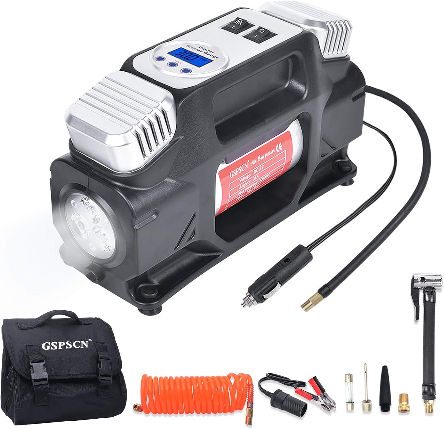 Portable Air Compressor Pump, Dual Cylinders Tire Inflator 12V, 150PSI with Digital Gauge, LED Light, Locking Air Chuck, Pack of 2 L967779