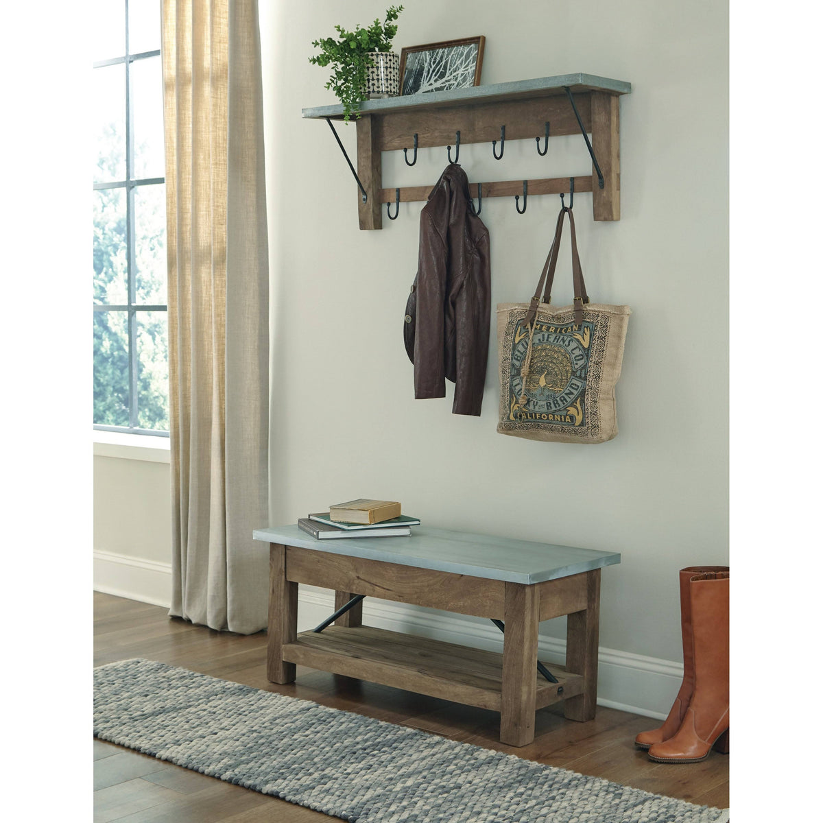 Steel Wood Bench and Coat Hook Set D33346
