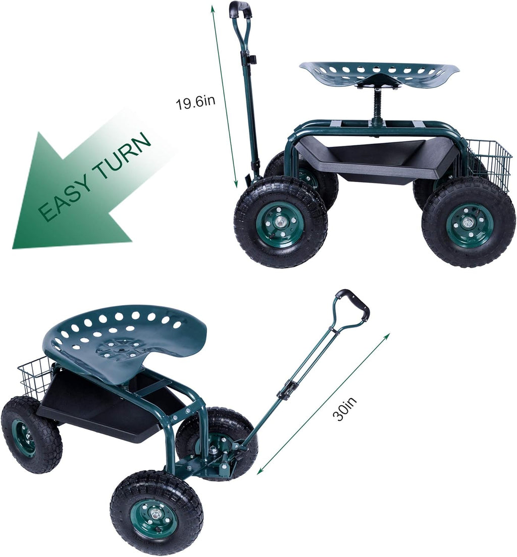 Green Steerable Garden Stool Cart with Tool Tray and Storage Basket on Wheels Y2011