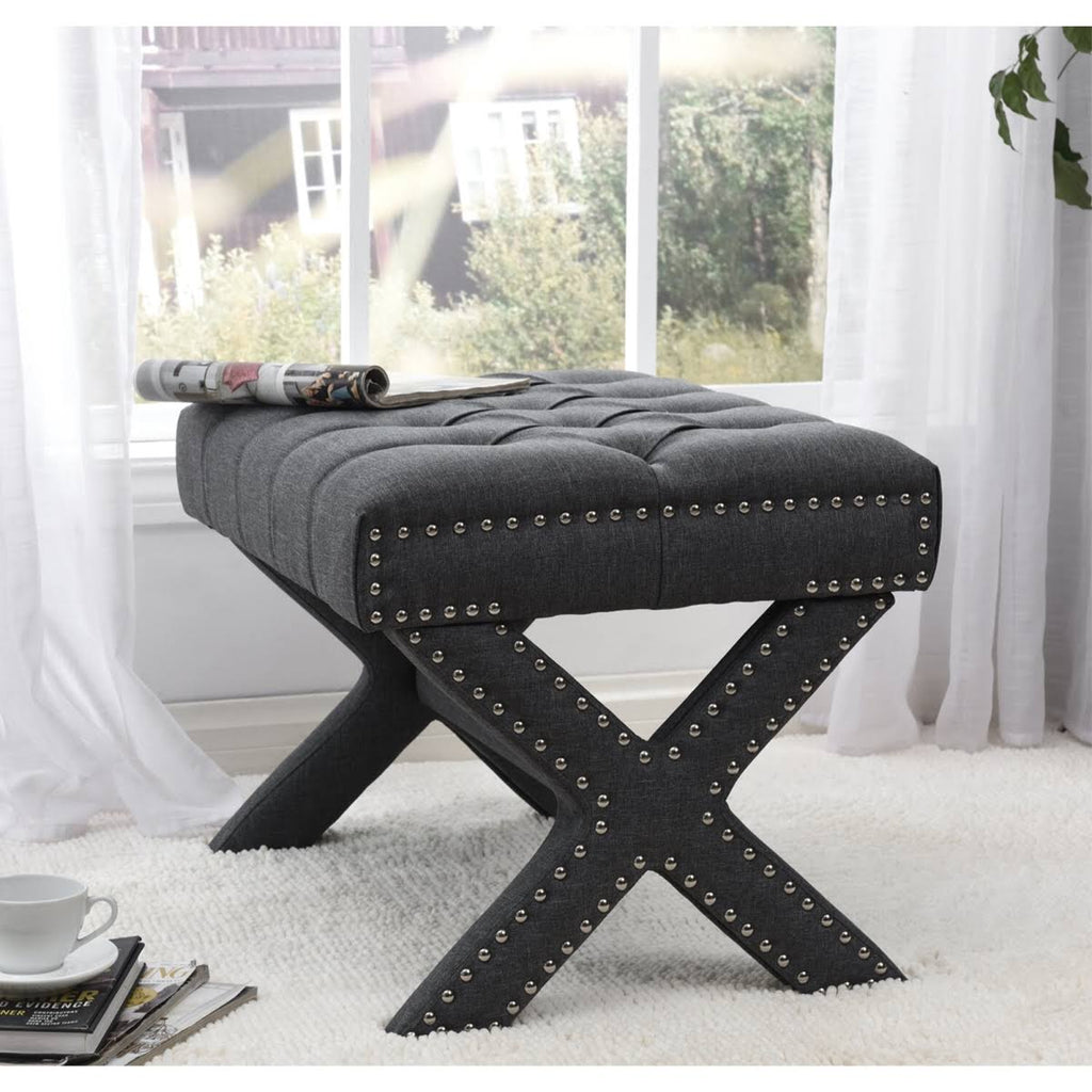 Dark Grey Linen Tufted Ottoman with Silver Nailhead Trim C23163