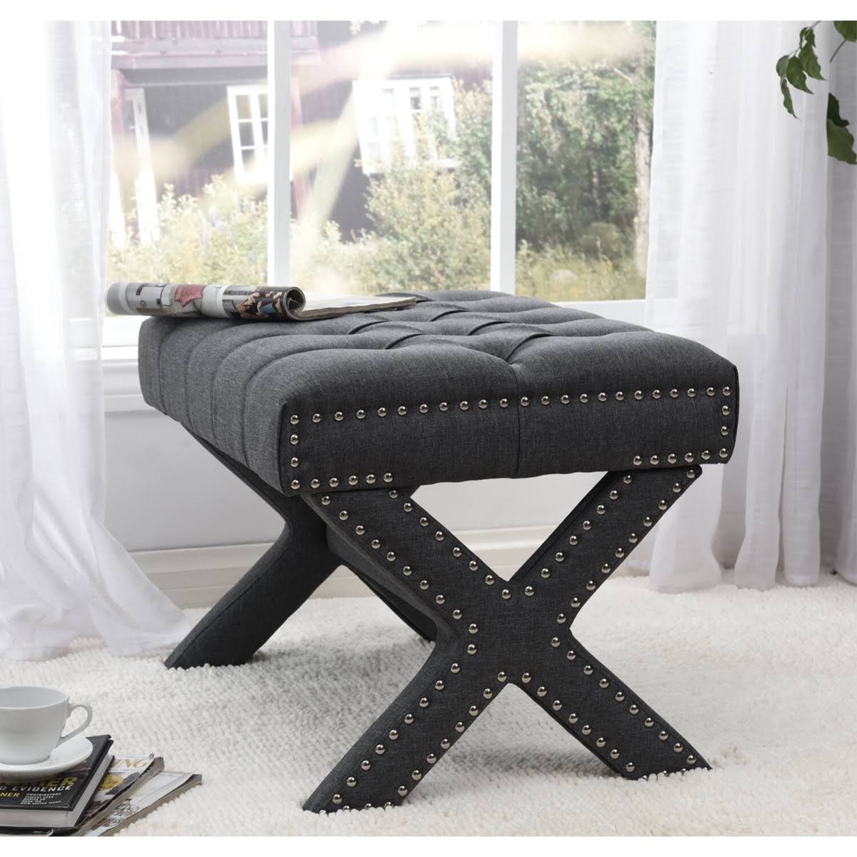 Dark Grey Linen Tufted Ottoman with Silver Nailhead Trim C23163