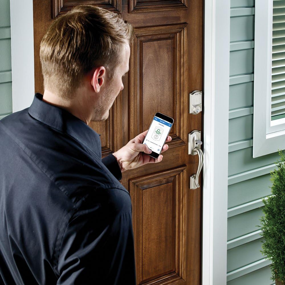 Satin Nickel Smart Deadbolt with Camelot Trim & Front Entry Handleset with Left Hand Lever J42540