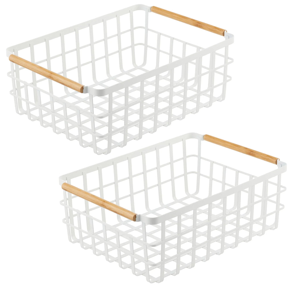 Matte White/Natural Metal Wire Organizer Basket with Bamboo Handles, 2 Pack G732