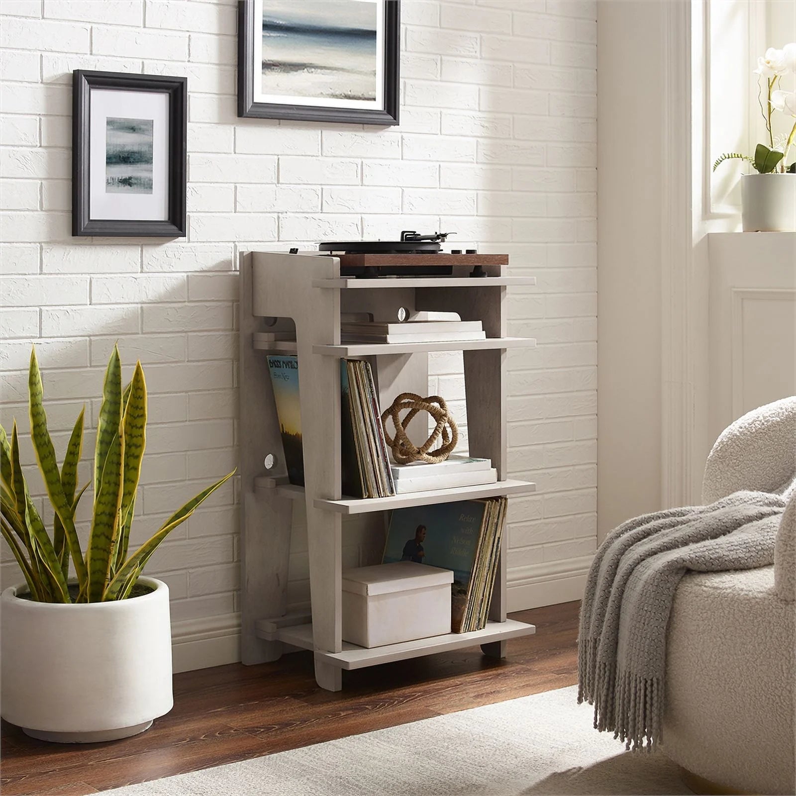 Gray MDF Wood and Birch Veneer Turntable Stand M137