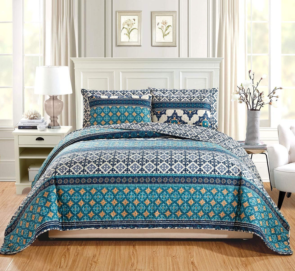 Terracotta Red Grey Black Medallion Oversize Cal King Size Quilt Set I445029