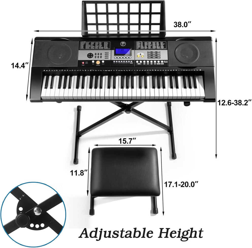 61 Key Portable Electric Keyboard Piano with Stand, Stool, Headphones, Microphone, LCD Screen B4254