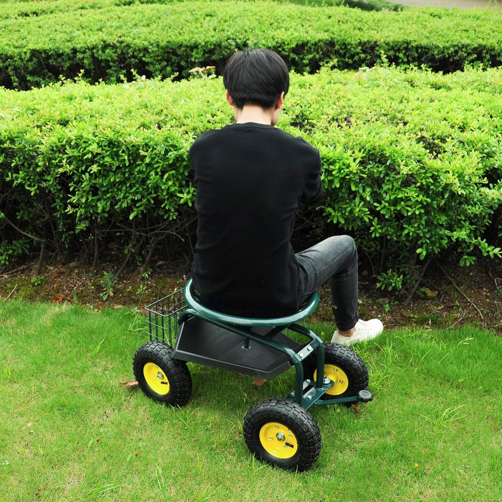 Green Steerable Garden Stool Cart with Tool Tray and Storage Basket on Wheels Y2011